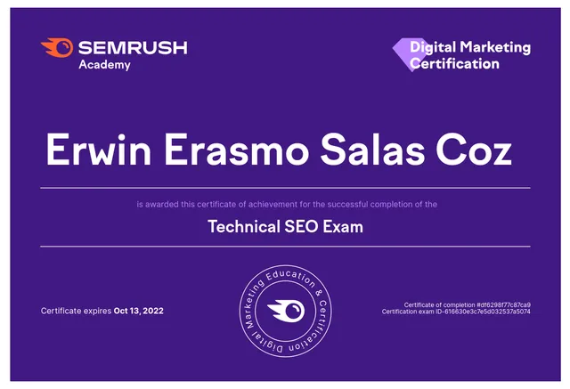 Erwin Salas Earns Technical SEO Certification from SemRush