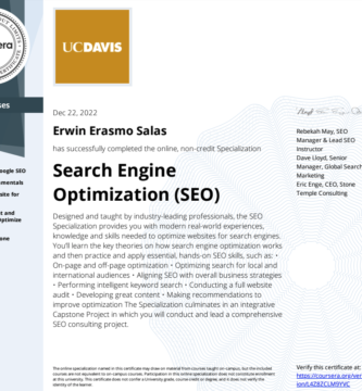 Search Engine Optimization Specialization otorgado por UCDavis para Erwin Salas