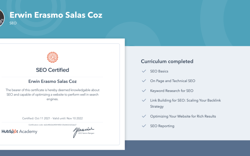 Certificado en SEO de Erwin Salas por HubSpot Academy