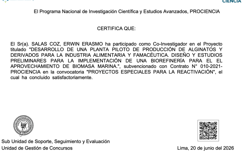 DESARROLLO DE UNA PLANTA PILOTO DE PRODUCCIÓN DE ALGINATOS Y DERIVADOS PARA LA INDUSTRIA ALIMENTARIA Y FAMACÉUTICA. DISEÑO Y ESTUDIOS PRELIMINARES PARA LA IMPLEMENTACIÓN DE UNA BIOREFINERÍA PARA EL EL APROVECHAMIENTO DE BIOMASA MARINA.