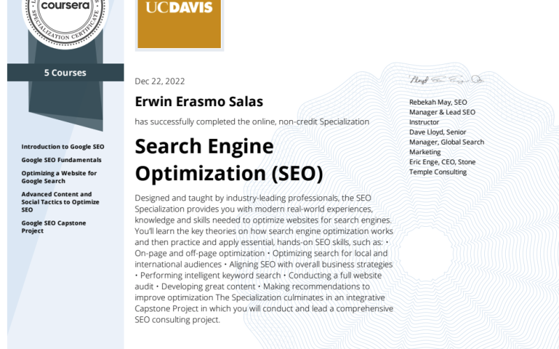 Search Engine Optimization Specialization otorgado por UCDavis para Erwin Salas